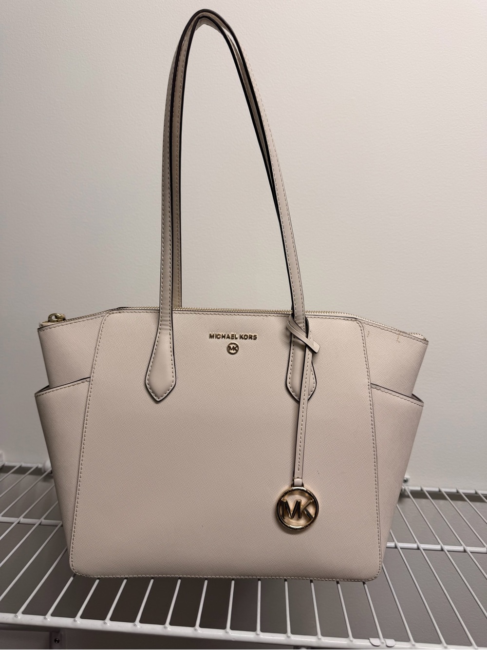 Michael Kors Pale Beige Saffiano Leather Tote with Gold MK Charm